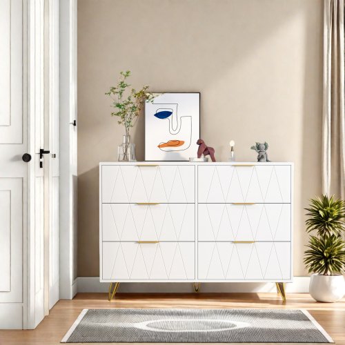 Image of Modern 6-Drawer Chest of Drawers with Metal Legs – Stylish MDF Storage Cabinet for Bedroom or Living Space