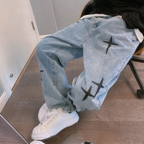 Imagen de Pantalones Vaqueros Estampados para Hombre 2023 - Modelo Holgado con Pierna Ancha, Estilo Coreano Moderno y Drapeado Recto