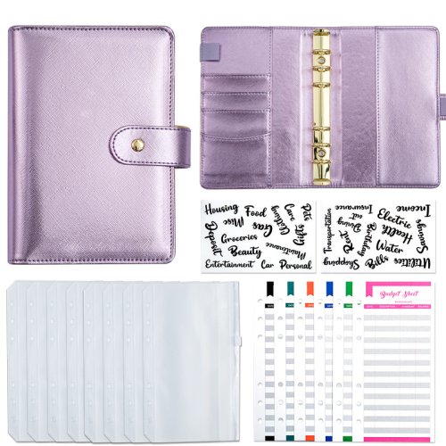 Immagine di A6 Anello in oro Oro Viola Nero Soldi Budget Planner Raccoglitore Buste con cerniera Buste per contanti per il budget Organizzatore di denaro