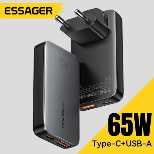 Bild von Essager Ultra-Dünnes 65W GaN Reise-Ladegerät mit Quick Charge 4.0, PD3.0 und PPS – Tragbares USB-C Ladegerät für iPhone, Samsung, MacBook und Laptop