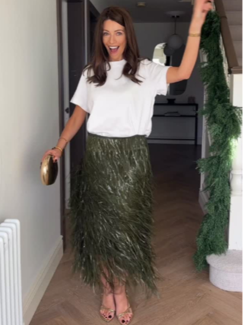Bild von Retro-Grün Pailletten Midi-Rock für Damen – Chic, Hohe Taille, Bodycon Schnitt, Langer Glänzender Rock mit Pailletten für Weihnachten, Abend, Party und Club