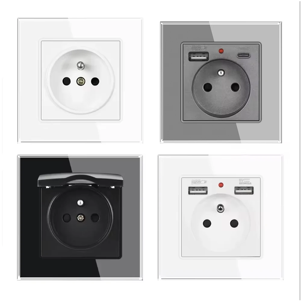 Imagen de Toma de Pared USB Francesa 5V 2.1A con Panel de Vidrio Templado y Toma Eléctrica Estándar 16A 220V, Diseño Moderno y Seguro para Hogar e Interior