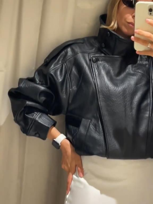 Immagine di Giacca in pelle nera moda Abbigliamento donna Autunno Inverno Nuovo cappotto casual allentato Giacca da moto in pelle PU Top da donna