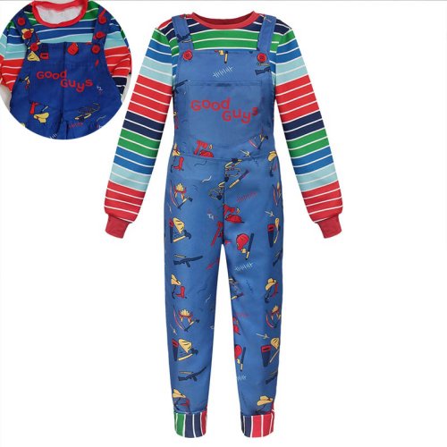 Immagine di Costume da Chucky per Adulti con Camicia a Righe e Tuta Completa – Perfetto per Halloween e Feste in Maschera