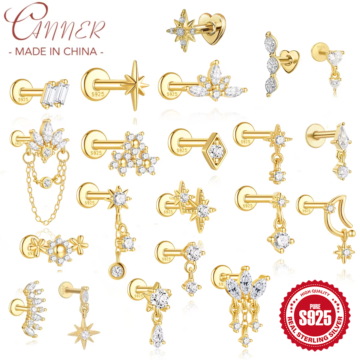 Immagine di CANNER 1Pc 925 Argento Liscio Stelle Luna Orecchini con perno Per Le Donne 18K Oro Testa Piatta File...