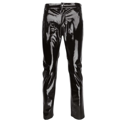 Imagen de Pantalones Largos de Charol para Hombre - Corte Recto, Cintura Media, Negro Brillante con Efecto Húmedo, Ideal para Trajes de Escenario y Noches en el Club