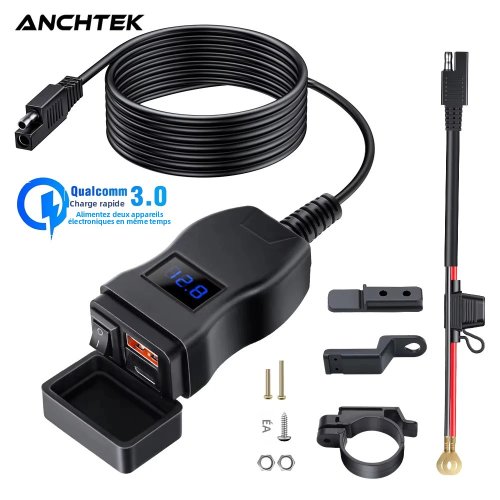Immagine di Anchtek Caricatore montato su veicolo per moto Adattatore impermeabile 12V Telefono Porte USB PD Carica rapida 3.0 con interruttore Accessorio moto