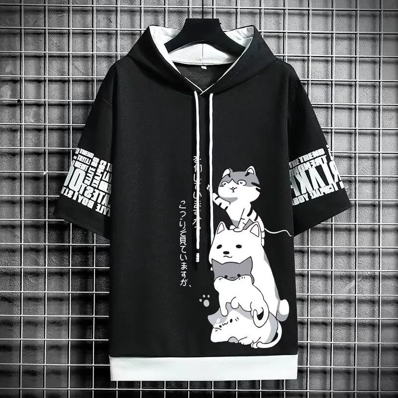 Immagine di T-shirt da uomo Felpe con cappuccio Abbigliamento sportivo estivo T-shirt casual per gatti Harajuku Streetwear Stampa felpe a maniche corte con cappuccio