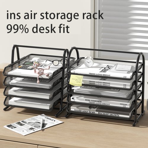 Image of Elegant Mesh Letter Tray Desk Organizer with Sliding Compartments for Office Supplies, File Storage, and Desktop Accessories – Sleek Black Design