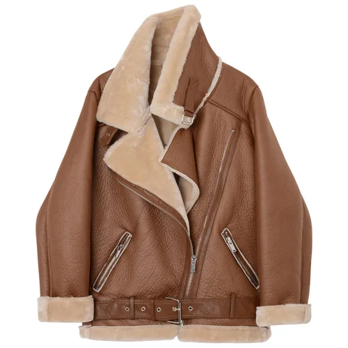 Imagen de Ailegogo, abrigos de invierno para mujer, abrigo grueso de piel sintética de oveja, chaqueta empalma...