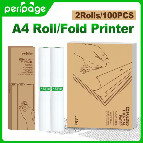 Image of PeriPage 100-Pack Folded A4 Thermal Printer Paper – Durable 8.5 x 11 Inch Rolls for PocketJet, HPRT MT800 & MT800Q Printers