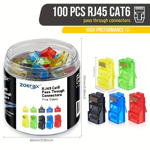 Afbeelding van Zoerax 100 stuks RJ45 Cat6 Connectoren - Doorvoer in Diverse Kleuren met 20 Stuks Kleur EZ Om Modulaire Plug Gebotteld Te Krimpen
