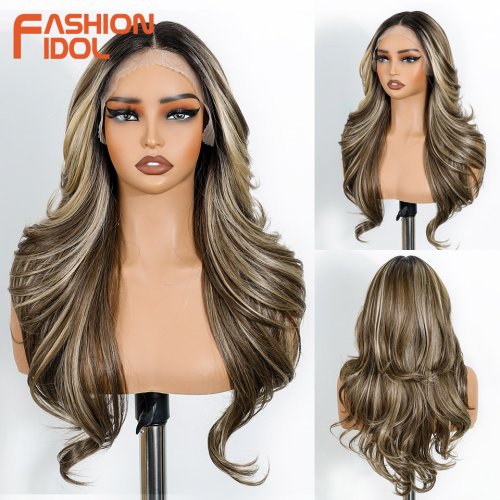 Zdjęcie Peruka typu lace front o długości 24 cali z luźnymi falami, wstępnie przycięta i wyregulowana linia włosów, peruka cosplay ombre blond-biały dla kobiet