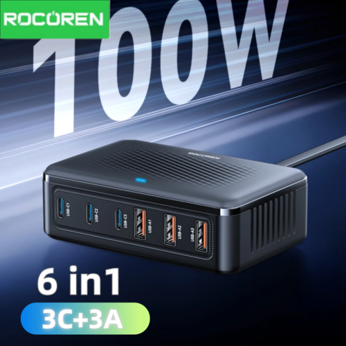Zdjęcie Ładowarka USB RoCoren 100W GAN, 6-Portowa Stacja Zasilania Biurowa z Szybkim Ładowaniem Typ C – Przenośna dla iPhone, Xiaomi, Poco
