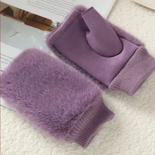 Image de Gants Hiver Doux avec Imitation Fourrure Renard - Demi-Doigts Chauds