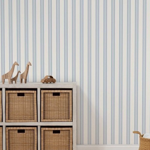 Image of Natural Blue Ticking Stripe Wall Mural – Self-Adhesive Peel & Stick Wallpaper for Boys' Bedroom, Nursery, or Kids' Room – Non-Toxic, Easy to Apply, Removable Design