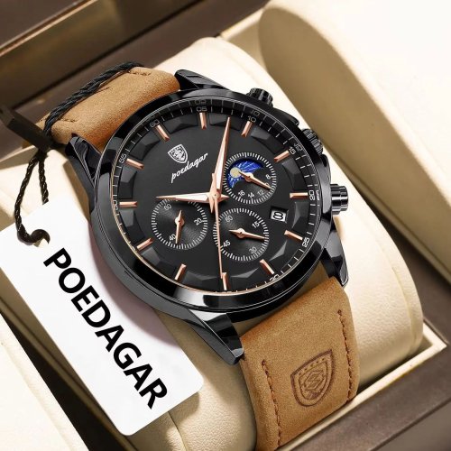 Imagen de Reloj de Pulsera Poedagar de Lujo con Estilo para Hombre, Cronógrafo Resistente al Agua, Fecha Luminosa, Reloj Deportivo de Cuarzo con Correa de Cuero