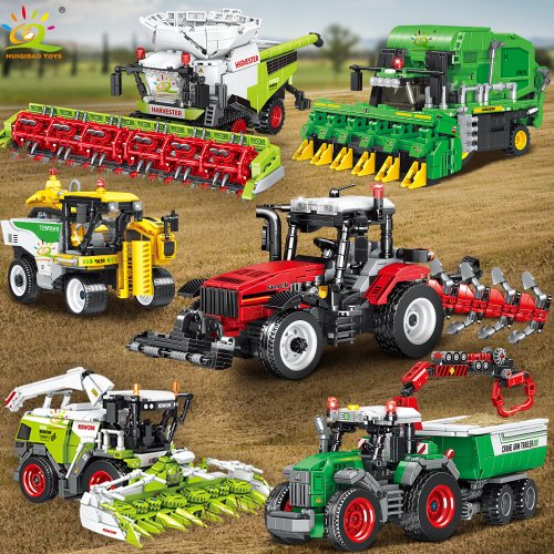 Zdjęcie HUIQIBAO Model Ciężarówki Rolniczej Klocki Konstrukcyjne Traktor Kultywator Żniwiarka Pojazd MOC Samochód Klocki Miasto Zabawka Budowlana Dla Dzieci