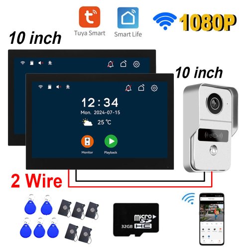 Afbeelding van Moderne 2-draads digitale video-intercomsysteem met 2x 10-inch WiFi-monitor, 1080p deurtelefooncamera, video-deurbel met kaarttoegang en Tuya-app ontgrendeling