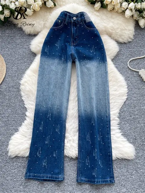 Image de Jeans Femme Haute Taille Dégradé avec Poches Diamant