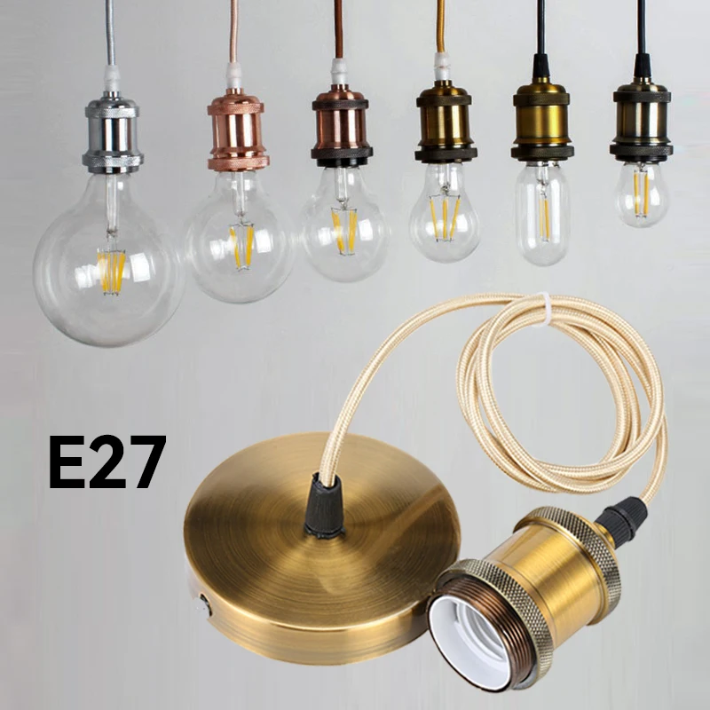 Zdjęcie Zestaw uchwytów do lampy wiszącej E27 – elegancki metalowy uchwyt w stylu vintage z antyczną miedzią i galwanizowanym aluminium