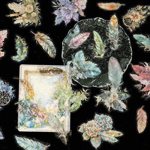 Imagen de Pegatinas Artísticas de Plumas Retro: 30 Diseños Impermeables para Álbumes de Recortes, Diarios y Manualidades DIY