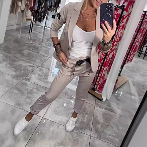 Image of Elegant Autumn Two-Piece Suit Set for Women – Solid Color Blazer with Single Button Lapel and Lace-Up Pants, Perfect for Office or Casual Winter Wear 2025