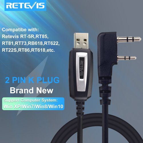 Image of Universal Two-Pin USB Programming Cable for Retevis TK3107, H777, Baofeng UV-5R, UV-82, RT22, RT15, RT81 Walkie Talkies - Compatible with Windows XP, 7, 8