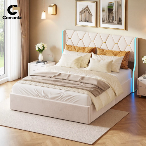 Image of Comanlai 140x200cm Upholstered Velvet Bed with LED Lighting, Hydraulic Storage, Slatted Frame – Modern Double Bed for Contemporary Bedrooms