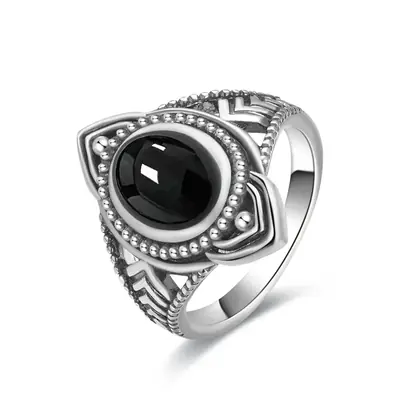 Image de Bague Vintage Argent 925 & Onyx Noir - Design Œil de Cheval