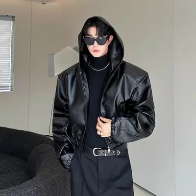 Image de Veste Homme Noir PU Capuche Imperméable Mode Coréenne