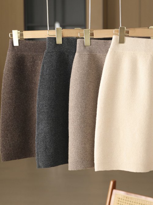 Image of Women Wool Skirts Autumn Winter Office Lady Mini Slim Fit Skirt Elastic Waist 100% Merino Wool Knitted Cashmere Above Knee Dress