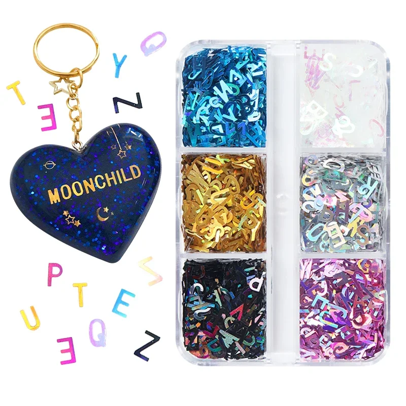 Image of Natural Holographic Alphabet Glitter Flakes for Resin Art – Eco-Friendly DIY Jewelry Making Kit with Laser-Cut Letter Sequins