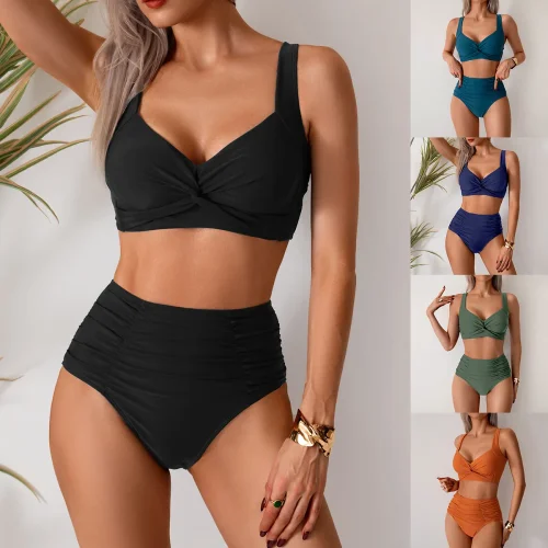 Immagine di Costume da Bagno Donna Nero a Due Pezzi con Push-Up Imbottito, Taglio Alto e Design Solido – Bikini Estivo Sexy e Seducente