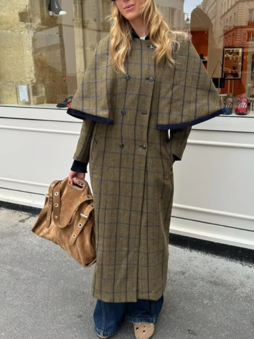 Bild von Chic Plaid-Wollmantel für Damen – Eleganter Zweireiher mit Schalkragen