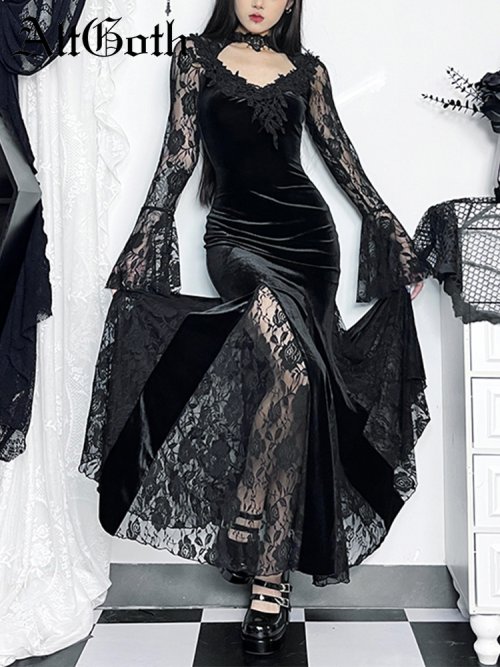 Image of Elegant Gothic Midi Dress for Women – Vintage Lace Patchwork, See-Through Flare Sleeves, High Waist Clubwear Style