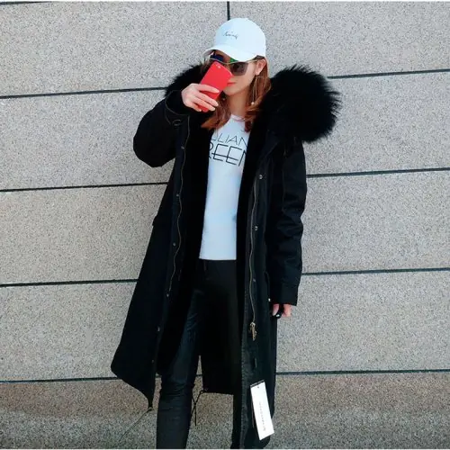 Image de Manteau Fourrure Véritable Femme Hiver - Grande Taille Noire