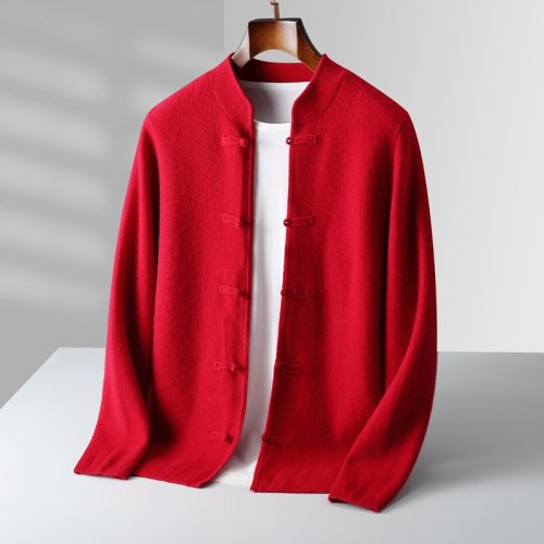 Zdjęcie Męski kardigan z kaszmiru i wełny merino, zapinany na guziki, okrągły dekolt, nowy chiński styl, wysokiej jakości dzianina, sweter jesienno-zimowy