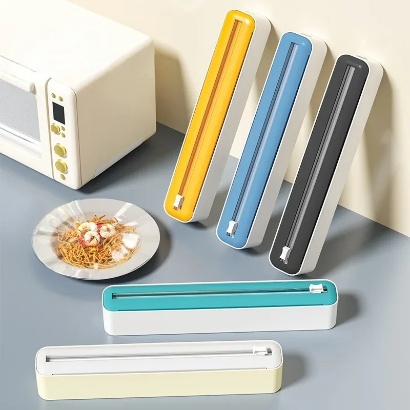 Imagen de Dispensador de película de alimentos 2 en 1, dispensador de envoltura con cortador, caja de almacenamiento, cortador de película elástica de papel de aluminio, estante de pared, organizador de cocina