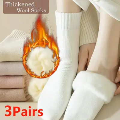 Image de Chaussettes en laine épaisse pour femme, chaudes et douces mi-mollet