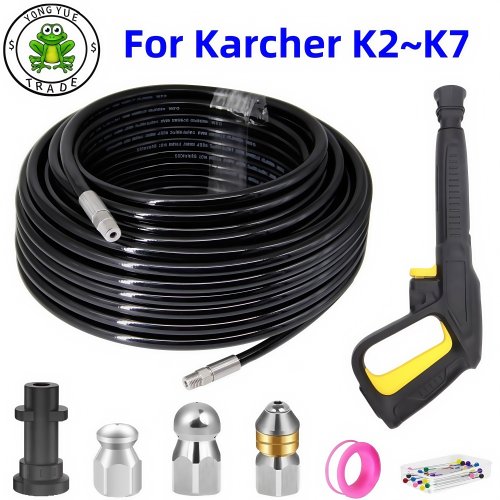 Imagen de Manguera Limpiadora de Drenajes con Boquilla Giratoria y Botón de Control para Máquinas de Limpieza a Presión 1/4 Pulgadas NPT - Compatible con Karcher