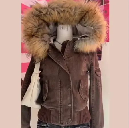 Image de Veste Vintage Marron Col Fourrure Détachable - Style Y2K