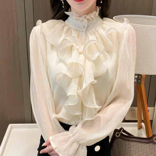 Image de Chemisier Dentelle Vintage Blanc Manches Bouffantes