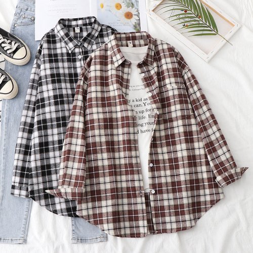 Image of Women's Spring and Autumn Plaid Shirt – Long Sleeve Cotton Checkered Blouse, Loose Casual Top for Everyday Wear