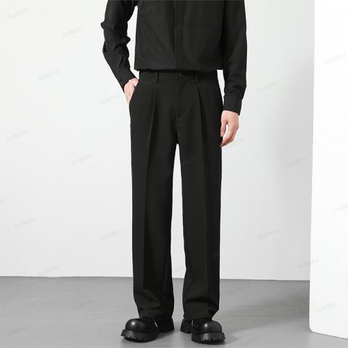 Immagine di OUSSYU Pantaloni casual autunnali di marca da uomo d'affari elastico in vita stile coreano nero marr...