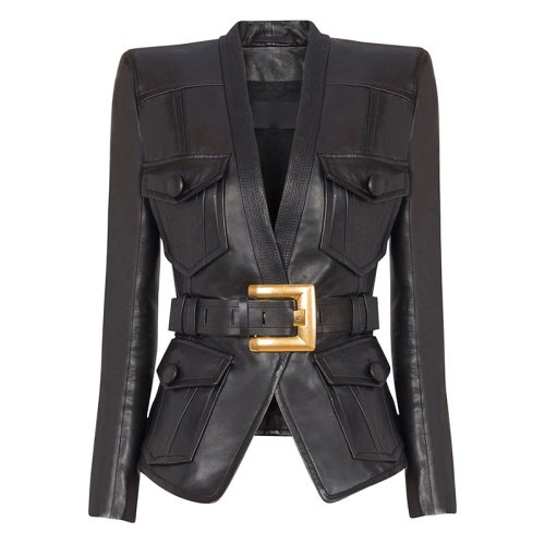 Image of 2026 Premium Women's Slim Fit Faux Leather Jacket with Belted Waist and Multiple Pockets – Stylish Motorcycle-Inspired Fashion Coat