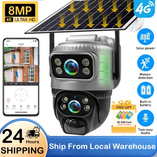 Afbeelding van V380 Pro Zonne-energie HD-beveiligingscamera met 4G SIM, dubbele lens, buitengebruik, PIR-mensendetector, 4K 8MP, laagverbruik, videobewaking