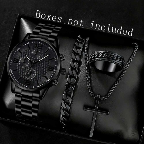 Imagen de Conjunto de reloj negro para hombre, reloj de cuarzo clásico de tres ojos, conjunto de joyería adecuado para ropa diaria, regalo perfecto a juego, 2/4 Uds.
