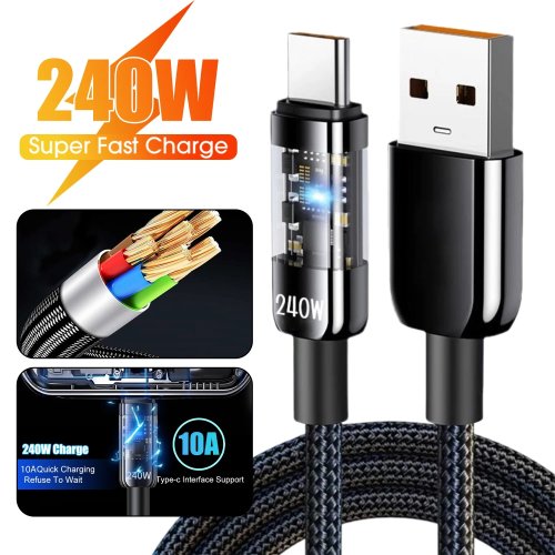 Image of 240W 10A USB to Type-C Super Fast Charging Cable with QC3.0 Support – LED Indicator, High-Speed Data Sync & Durable Charging Cord for Samsung, Xiaomi, Huawei, and Other Smartphones