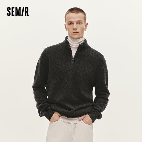 Zdjęcie Męski sweter z dzianiny z mieszanką wełny, zimowy model z wysokim kołnierzem i półotwartym zapięciem – nowość 2025